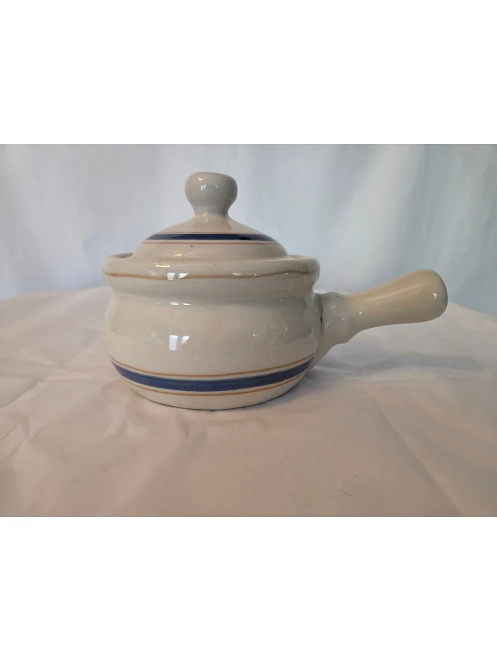Vintage Ceramic Saucepan with Lid and Handle, Cream and Blue Stripes